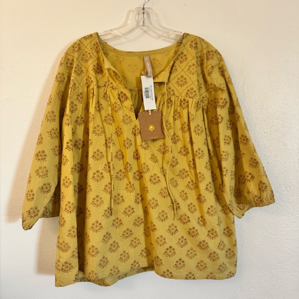 NWT Mata Traders Stamp Top Mustard Yellow Peasant Blouse Boho Tunic 100% Cotton - Picture 5 of 9